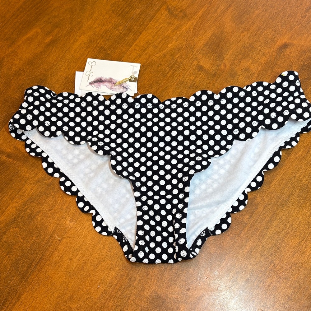 Jessica Simpson Black and White Polka Dot Bikini Bottoms, Scalloped Edges, S